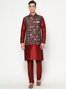 GoStyle Men Black And Red Kurta With Churidar And Printed Nehru Jacket