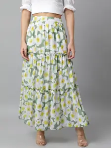 DEEBACO Women Green Georgette Printed Flayered Skirt