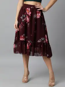 DEEBACO Women Georgette Maroon Floral Printed Tiered Midi Skirt