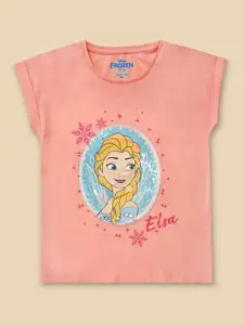 Kids Ville Girls Peach-Coloured Frozen Printed Cotton Extended Sleeves Melba T-shirt