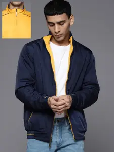 Allen Solly Men Yellow & Navy Blue Reversible Bomber Jacket