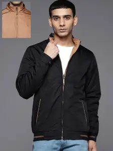 Allen Solly Men Black & Tan Brown Solid Mock Collar Reversible Bomber Jacket