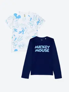 YK Disney Boys Pack Of 2 White & Navy Blue Mickey Mouse Printed T-shirt