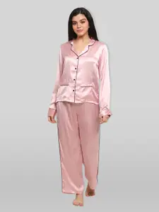 PRETTY LOVING THING Women Pink And Black Lapel Collar Long Sleeves Satin Night suit