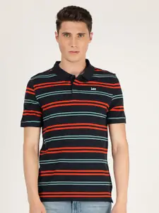 Lee Men Blue Striped Polo Collar Applique Slim Fit T-shirt