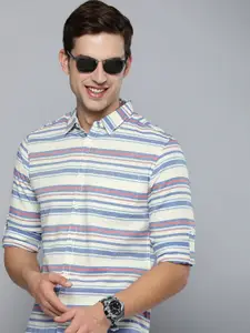 HERE&NOW Men Cream-Coloured Slim Fit Horizontal Stripes Casual Shirt