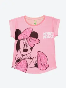 YK Disney Girls Pink Minnie Mouse Printed Extended Sleeves Cotton T-shirt