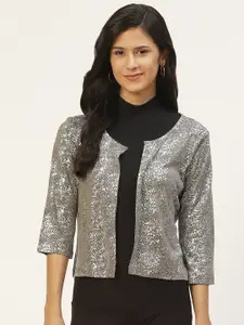 Belle Fille Women Olive Green & White Printed Crop Shrug