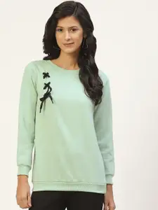 Belle Fille Women Sea Green Solid Sweatshirt