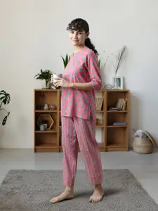 SDL by Sweet Dreams Women Pink & Blue Printed Night suit