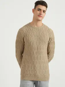 United Colors of Benetton Men Beige Ribbed Cotton Pullover