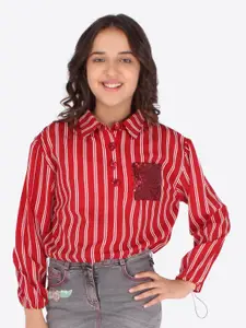 CUTECUMBER Girls Maroon & White Striped Applique Georgette Shirt Style Top