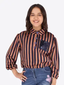 CUTECUMBER Brown Striped Applique Satin Shirt Style Top