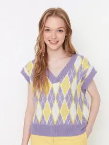 Trendyol Women Violet & Yellow Cable Knit Crop Sweater Vest