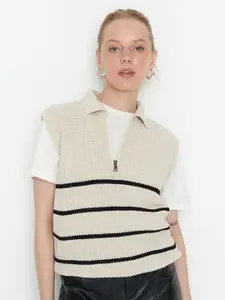 Trendyol Women Beige & Black Striped Sweater Vest