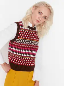 Trendyol Women Brown & Off White Printed Sweater Vest