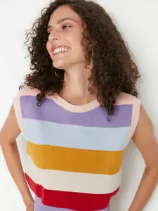 Trendyol Women Pink & Purple Striped Crop Sweater Vest