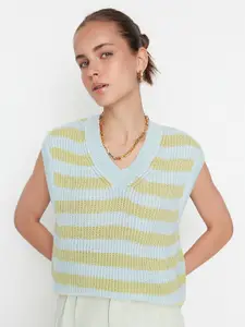 Trendyol Women Blue & Green Striped Striped Sweater Vest