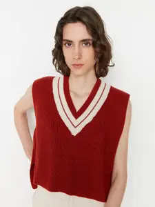 Trendyol Women Maroon & White Ribbed Crop Acrylic Sweater Vest
