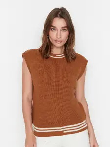 Trendyol Women Coffee Brown & White Ribbed Sweater Vest