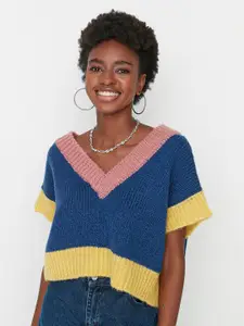 Trendyol Women Navy Blue & Pink Ribbed Sweater Vest