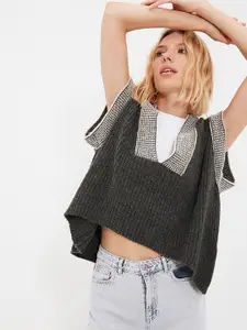 Trendyol Women Charcoal & White Printed Crop Sweater Vest