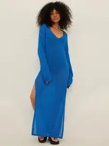 NA-KD Women Blue Solid Semi Sheer Maxi Maxi Dress