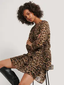 NA-KD Women Brown & Black Animal Print Layered Mini Fit & Flare Dress