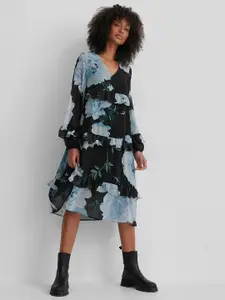 NA-KD Women Blue & Black Floral Layered Ruffles Puff Sleeves A-Line Midi Dress