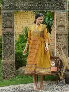 Juniper Women Mustard Yellow Ethnic Motifs Georgette Ethnic Flared  A-Line Dress