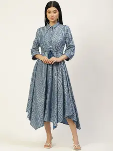 MISRI Blue Ethnic Motifs Cotton Shirt Midi Dress