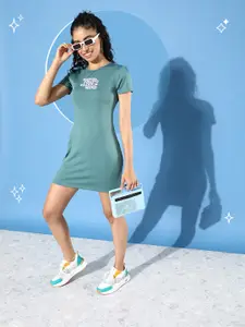 Kook N Keech Leafy Green College Cool Typography Printed T-shirt Mini Dress