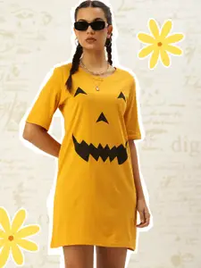 Kook N Keech Women Mustard Yellow & Black Graphic Printed T-shirt Dress