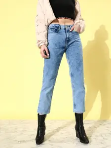 Kook N Keech Women Straight Fit Heavy Fade Acid Wash High-Rise Cropped Jeans