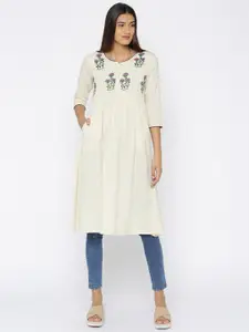 Anouk Women Beige Embroidered A-Line Kurta