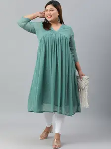 Janasya Women's Plus Size Green Poly Chiffon Self Design Flared kurta