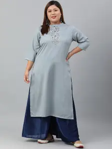 XL LOVE by Janasya Women Plus Size Grey Poly Silk Solid Straight Kurta