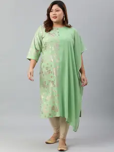 XL LOVE by Janasya Women's Plus Size Light Green Poly Crepe Foil Print Straight kurta