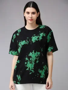 JUNEBERRY Women Black & Green Abstract Printed Cotton T-shirt