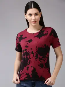 JUNEBERRY Women Maroon & Black Tie and Dye Cotton T-shirt
