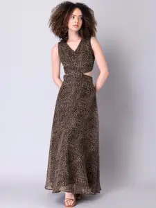 FabAlley Women Brown Animal Printed Waist Cut Out Georgette Maxi Dress