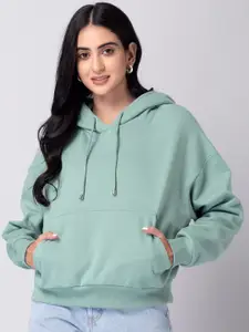 FabAlley Women Green Hooded Fleece Sweatshirt