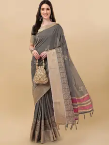 Mitera Grey & Red Floral Zari Saree