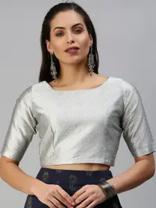 De Moza Silver-Colored Woven Design Saree Blouse