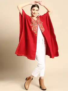 Sangria Women Red Kashmiri Embroidered Front Open Longline Sweater