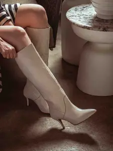 Saint G White Croco-Skin Textured Leather High-Top Heeled Boots
