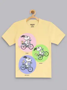 Kids Ville Boys Yellow Biker Peanuts Printed Pure Cotton T-shirt