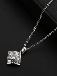 Jewels Galaxy Rhodium-Plated White CZ Studded Pendant With Link Chain
