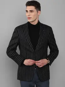 Louis Philippe Men Black Striped Single Breasted Pure Wool Blazer