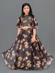 FASHION DREAM Girls Black & Brown Embroidered Ready to Wear Lehenga Choli